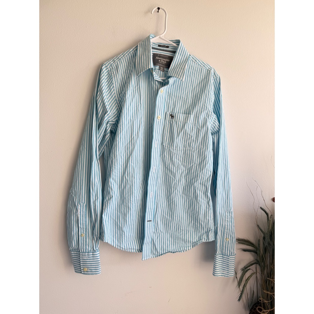 Abercrombie & Fitch Mens Small Muscle Fit Striped Button Down‎ Shirt Turquoise